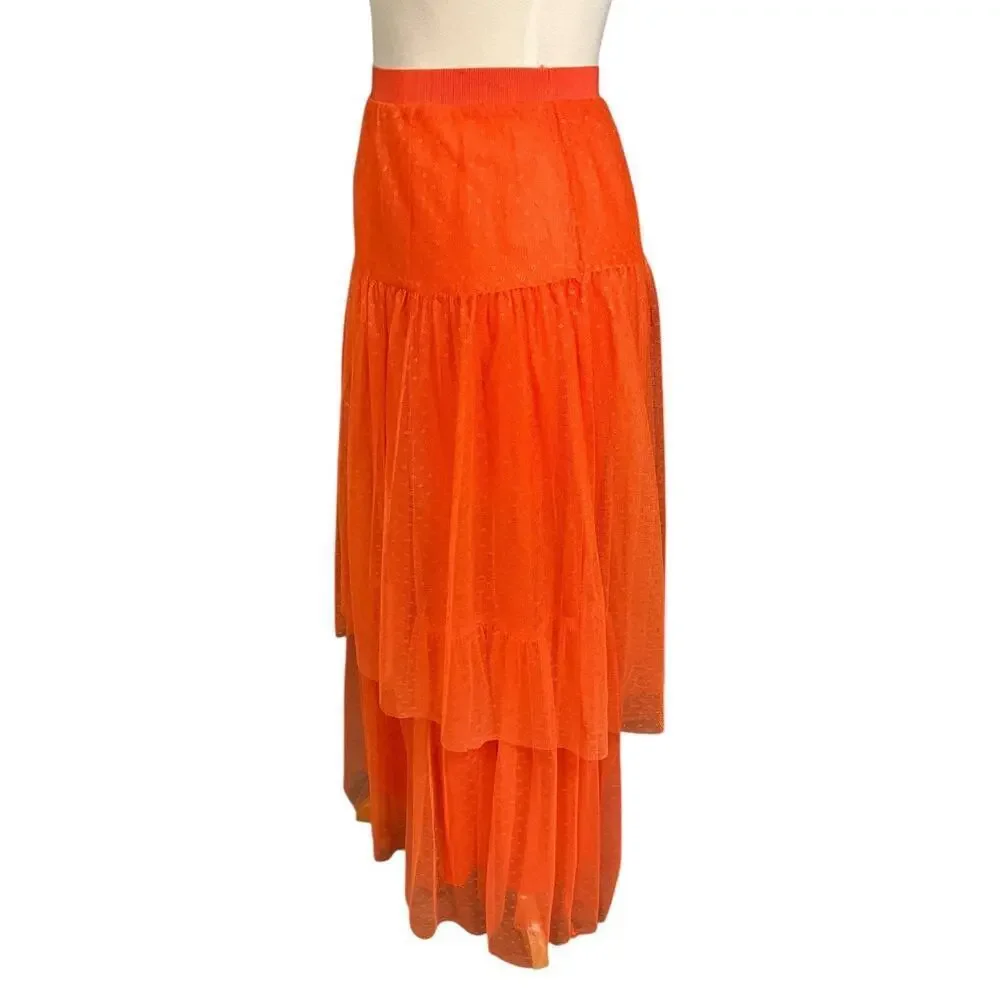 Anthropologie Orange Tiered Maxi Skirt Size Small Pull-On Mesh Overlay Boho Flow